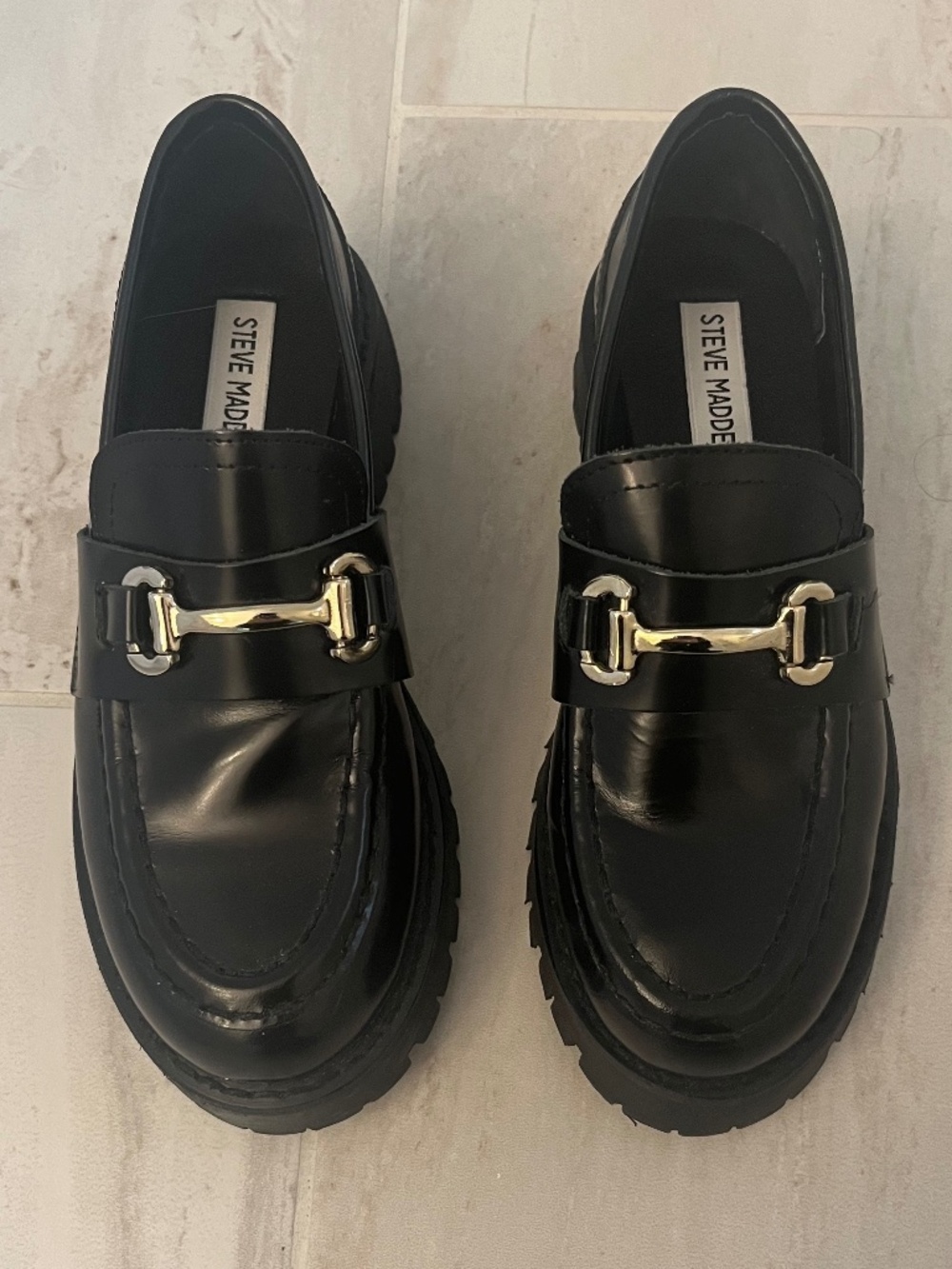 Steve Madden Black Patent Chunky Platform Loafers Gold Horsebit Women's size 5